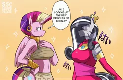 Size: 3260x2121 | Tagged: alicorn, alternate hairstyle, anthro, artist:traupa, belly button, big breasts, bracelet, breasts, busty princess cadance, busty zecora, clothes swap, crown, derpibooru import, ear piercing, earring, eyes closed, japanese, jewelry, mane swap, open mouth, piercing, princess cadance, regalia, safe, simple background, speech bubble, style change, yellow background, zebra, zecora