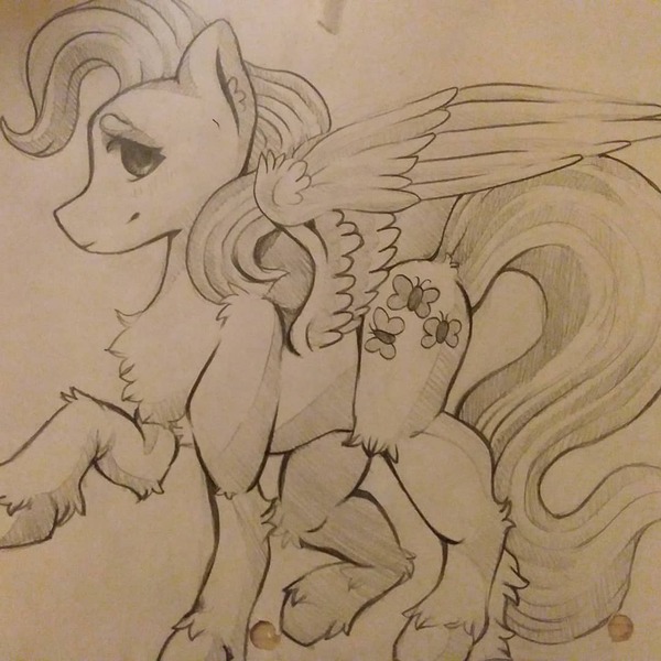 Size: 1080x1080 | Tagged: safe, artist:c_owokie, derpibooru import, fluttershy, pegasus, pony, chest fluff, female, fluffy, lineart, mare, raised hoof, solo, traditional art, unshorn fetlocks