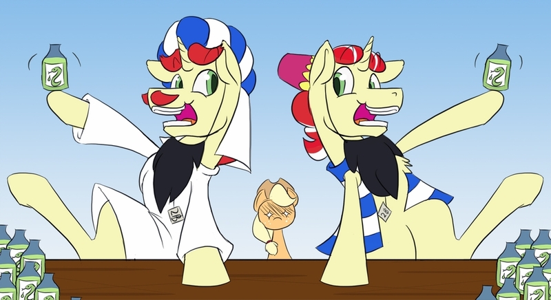 Size: 1280x697 | Tagged: safe, artist:ikarooz, derpibooru import, applejack, flam, flim, earth pony, pony, unicorn, atg 2020, bottle, female, flim flam brothers, male, mare, newbie artist training grounds, oil, snake oil, stallion, trio