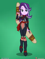 Size: 3090x4000 | Tagged: safe, artist:dieart77, derpibooru import, starlight glimmer, equestria girls, anime, boomerang, clothes, commission, cosplay, costume, green background, inuyasha, kelly sheridan, sango, simple background, voice actor joke, weapon