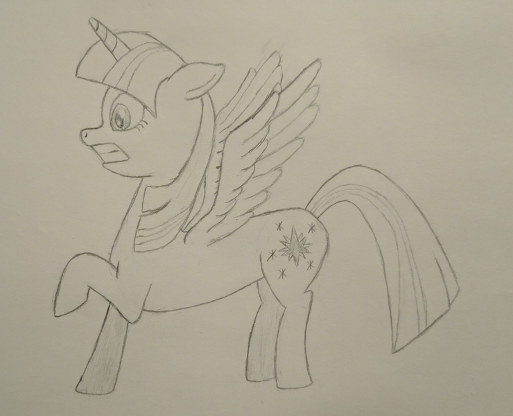 Size: 3412x2768 | Tagged: safe, artist:pianocube, derpibooru import, twilight sparkle, twilight sparkle (alicorn), alicorn, pony, atg 2020, female, mare, monochrome, newbie artist training grounds, pencil drawing, raised hoof, solo, traditional art