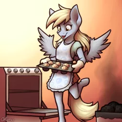Size: 2000x2000 | Tagged: anthro, apron, artist:ohemo, atg 2020, baking, clothes, derpibooru import, derpy hooves, food, muffin, newbie artist training grounds, open mouth, safe, shirt, skirt, unguligrade anthro
