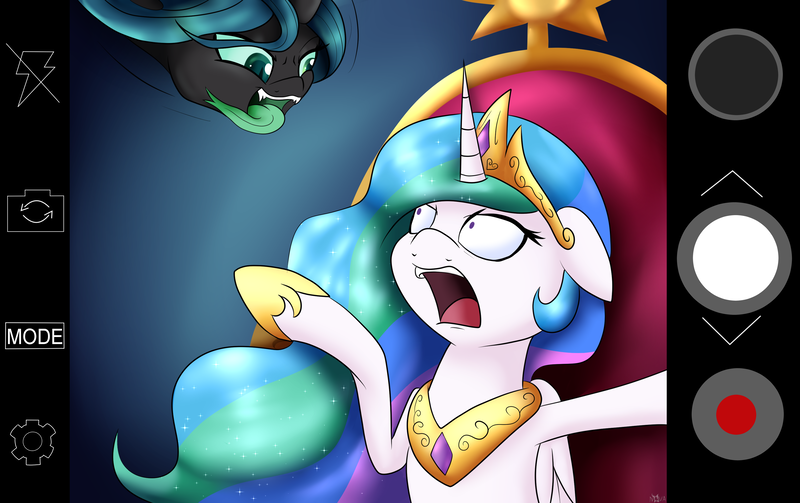 Size: 3500x2200 | Tagged: safe, artist:novaspark, derpibooru import, princess celestia, queen chrysalis, changeling, artpack:no nom november, fangs, imminent vore, long tongue, photobomb, selfie, shocked, tongue out