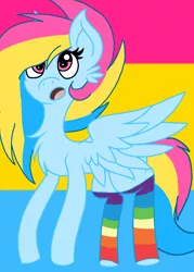 Size: 784x1096 | Tagged: safe, artist:circuspaparazzi5678, derpibooru import, oc, oc:pansexual, pegasus, pony, base used, clothes, cute, pansexual, pansexual pride flag, pride, pride flag, rainbow socks, socks, solo, striped socks, surprise face