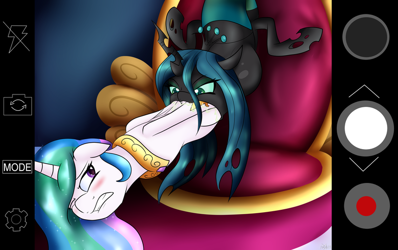 Size: 3500x2200 | Tagged: questionable, artist:novaspark, derpibooru import, princess celestia, queen chrysalis, changeling, changeling queen, pony, artpack:no nom november, blushing, bulges, drool, female, gritted teeth, mare, one eye closed, oral vore, selfie, throat bulge, vore