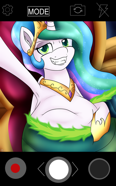 Size: 2200x3500 | Tagged: artist:novaspark, artpack:no nom november, belly, big belly, bulges, derpibooru import, disguise, disguised changeling, fangs, grin, post-vore, princess celestia, queen chrysalis, questionable, replaced, selfie, shapeshifting, smiling, smiling at you, transformation, vore