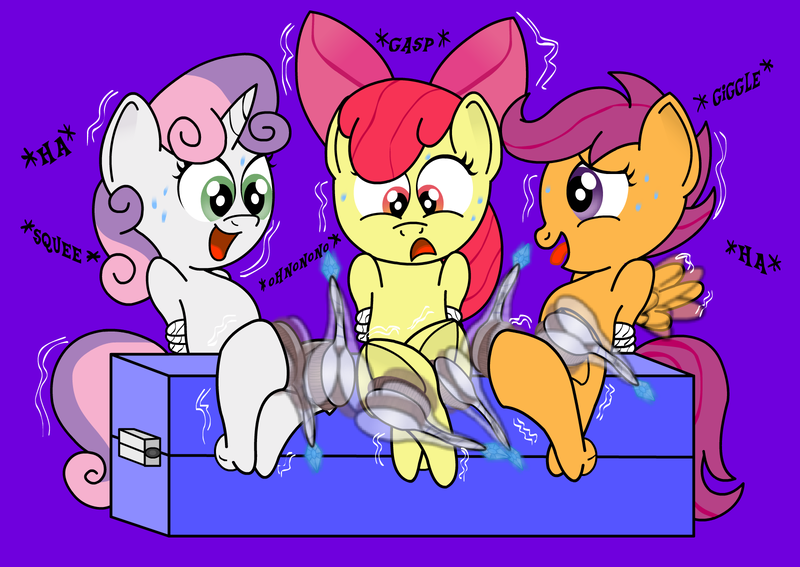 Size: 1600x1134 | Tagged: suggestive, artist:darkknighthoof, artist:darktailsko, derpibooru import, apple bloom, scootaloo, sweetie belle, earth pony, pegasus, pony, unicorn, bloomsub, bondage, bow, brush, commission, cutie mark crusaders, erotic tickling, feather, female, females only, femsub, fetish, hoof fetish, hoof tickling, laughing, levitation, magic, older, older apple bloom, older cmc, older scootaloo, older sweetie belle, open mouth, purple background, rope, rope bondage, scootasub, simple background, spread wings, stocks, submissive, sweat, sweatdrops, sweetiesub, telekinesis, tickle fetish, tickle torture, tickling, tongue out, underhoof, white background, wings