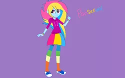 Size: 884x549 | Tagged: safe, artist:circuspaparazzi5678, derpibooru import, oc, oc:pansexual, equestria girls, base used, clothes, converse, hoodie, rainbow socks, shoes, skirt, socks, solo, striped socks, wristband