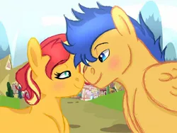 Size: 1280x960 | Tagged: safe, artist:estories, artist:themune, derpibooru import, flash sentry, sunset shimmer, pegasus, pony, unicorn, bedroom eyes, blushing, female, flashimmer, looking at each other, male, mare, nuzzling, ponyville, shipping, stallion, straight