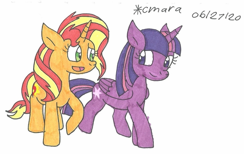 Size: 1280x807 | Tagged: safe, artist:cmara, derpibooru import, sunset shimmer, twilight sparkle, twilight sparkle (alicorn), alicorn, pony, unicorn, duo, female, mare, open mouth, raised hoof, simple background, traditional art, white background