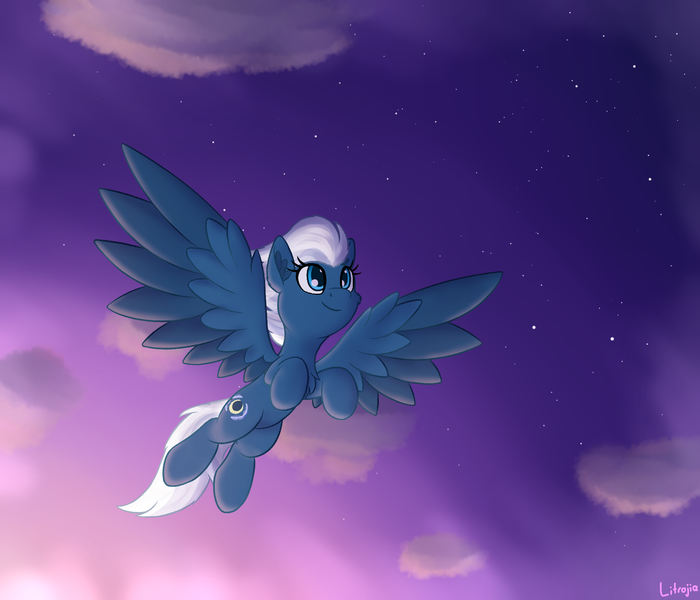 Size: 1750x1500 | Tagged: safe, artist:litrojia, derpibooru import, night glider, pegasus, pony, atg 2020, cheek fluff, chest fluff, cloud, colored wings, ear fluff, female, looking up, mare, multicolored wings, newbie artist training grounds, redraw, smiling, solo, spread wings, stars, twilight (astronomy), wings