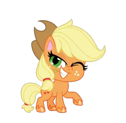 Size: 6200x6048 | Tagged: safe, artist:emeraldblast63, derpibooru import, applejack, earth pony, pony, my little pony: pony life, chibi, cowboy hat, cute, cute smile, g4, g4 to g4.5, hat, one eye closed, raised hoof, simple background, straw in mouth, transparent background, vector, wink, winking at you, winking out