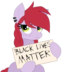 Size: 2000x2204 | Tagged: safe, artist:wingedwolf94, banned from derpibooru, deleted from derpibooru, derpibooru import, oc, oc:crab apple, earth pony, pony, black lives matter, braid, disappointed, freckles, frown, image, piercing, png, politics, sad, sign, simple background, solo, text, transparent background, vector, virtue signalling