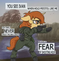 Size: 1230x1280 | Tagged: safe, artist:t72b, derpibooru import, oc, oc:academia, pony, unicorn, atg 2020, bipedal, clothes, engrish, error, glock, gun, handgun, hoof hold, lake, meme, newbie artist training grounds, pistol, ponified meme, s.t.a.l.k.e.r., solo, text, weapon, you see ivan