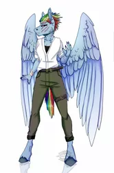 Size: 1024x1545 | Tagged: anthro, artist:heroin-burn, clothes, derpibooru import, ear piercing, pants, piercing, rainbow dash, safe, scar, shirt, signature, simple background, solo, unguligrade anthro, white background