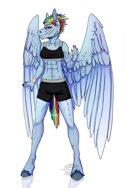 Size: 1024x1545 | Tagged: alternate version, anthro, artist:heroin-burn, clothes, derpibooru import, ear piercing, piercing, rainbow dash, safe, scar, shorts, simple background, solo, sports bra, sports shorts, unguligrade anthro, white background