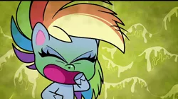 Size: 720x404 | Tagged: safe, derpibooru import, screencap, rainbow dash, pegasus, pony, my little pony: pony life, pinkie pie: hyper-helper, spoiler:pony life s01e06, coughing, green background, green face, mucus, poor rainbow dash, sick, sickbow dash, simple background, solo