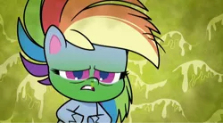Size: 720x398 | Tagged: safe, derpibooru import, screencap, rainbow dash, pegasus, pony, my little pony: pony life, pinkie pie: hyper-helper, spoiler:pony life s01e06, female, green background, green face, mare, poor rainbow dash, runny nose, sick, sickbow dash, simple background, snot