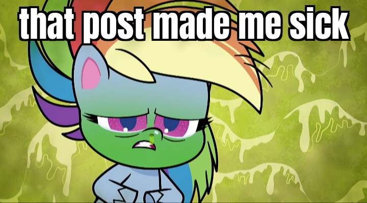 Size: 720x398 | Tagged: safe, derpibooru import, edit, edited screencap, screencap, rainbow dash, pegasus, pony, my little pony: pony life, pinkie pie: hyper-helper, spoiler:pony life s01e06, caption, female, green background, green face, image macro, mare, meme, poor rainbow dash, reaction image, runny nose, sick, sickbow dash, simple background, snot, text