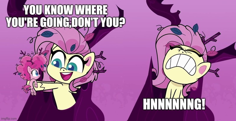 Size: 878x450 | Tagged: suggestive, derpibooru import, edit, edited screencap, screencap, fluttershy, pinkie pie, earth pony, pegasus, pony, bighoof walking, my little pony: pony life, spoiler:pony life s01e09, caption, female, fetish, giant pegasus, giant pony, giantess, giantshy, image macro, implied unbirthing, macro, meme, text