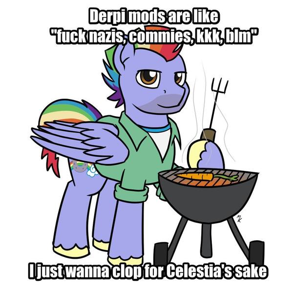 Size: 1080x1080 | Tagged: suggestive, artist:mkogwheel, derpibooru import, edit, bow hothoof, pegasus, pony, derpibooru, the end of derpibooru, barbeque, boomer, caption, carrot, centrist, communism, food, grill, herbivore, i just wanna grill for god's sake, image macro, implied communism, implied masturbation, implied nazi, ku klux klan, male, meme, meta, nazi, politics, simple background, stallion, text, vegetables, vulgar, white background