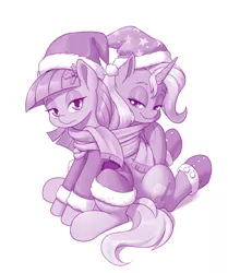 Size: 1069x1280 | Tagged: safe, artist:dstears, derpibooru import, maud pie, trixie, earth pony, unicorn, christmas, clothes, costume, cute, diatrixes, female, hat, holiday, lesbian, maudabetes, mauxie, monochrome, newbie artist training grounds, redraw, santa costume, santa hat, scarf, shipping, simple background, white background