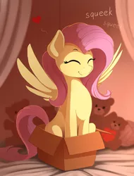 Size: 1400x1845 | Tagged: safe, artist:yakovlev-vad, derpibooru import, edit, editor:gamedevanon, fluttershy, pegasus, pony, :t, bed, behaving like a cat, box, cute, daaaaaaaaaaaw, eyes closed, female, floating heart, happy, heart, hnnng, if i fits i sits, mare, onomatopoeia, plushie, pony in a box, shyabetes, sitting, smiling, solo, spread wings, squeak, squee, sweet dreams fuel, teddy bear, weapons-grade cute, wings