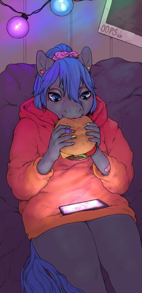 Size: 1080x2220 | Tagged: anthro, artist:oops, bandaid, blanket, burger, cheeseburger, clothes, cozy, derpibooru import, digital art, ear piercing, earring, eating, food, hamburger, hoodie, jewelry, nail polish, oc, oc:rhealien, phone, pierced ears, piercing, safe, scrunchie, solo, unofficial characters only