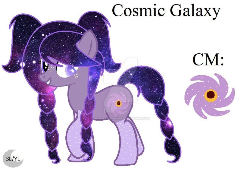 Size: 1024x726 | Tagged: safe, artist:princesslunayay, derpibooru import, oc, oc:cosmic galaxy, unofficial characters only, earth pony, pony, cutie mark, deviantart, deviantart watermark, ethereal mane, freckles, galaxy eye, galaxy mane, galaxy tail, logo, obtrusive watermark, pigtails, simple background, socks (coat marking), solo, watermark, white background