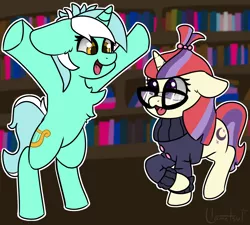 Size: 1918x1726 | Tagged: safe, artist:llametsul, derpibooru import, lyra heartstrings, moondancer, pony, unicorn, atg 2020, book, bookshelf, chest fluff, clothes, cute, cutie mark, dancerbetes, duo, female, glasses, horn, looking at each other, looking up, lyrabetes, mare, newbie artist training grounds, open mouth, smiling, standing, sweater