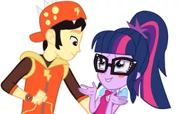 Size: 1956x1260 | Tagged: safe, artist:mlpandboboiboyfan, derpibooru import, edit, sci-twi, twilight sparkle, oc, equestria girls, blushing, boboiboy, canon x oc, cap, clothes, face to face, glasses, hat, jacket, ribbon, vector