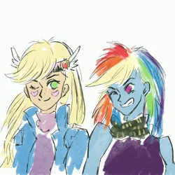 Size: 3000x3000 | Tagged: safe, artist:laya-21, derpibooru import, applejack, rainbow dash, human, appledash, caesar zeppeli, crossover, duo, female, humanized, jojo's bizarre adventure, joseph joestar, lesbian, shipping, simple background, white background