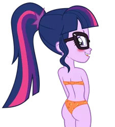 Size: 7979x8833 | Tagged: suggestive, artist:alandssparkle, derpibooru import, edit, editor:slayerbvc, vector edit, sci-twi, twilight sparkle, equestria girls, legend of everfree, ass, blushing, bra, butt, clothes, cutie mark underwear, female, glasses, looking at you, looking back, looking back at you, orange underwear, panties, simple background, solo, solo female, strapless bra, transparent background, twibutt, underwear, underwear swap, vector