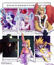 Size: 1705x2048 | Tagged: safe, artist:magnetichollow, derpibooru import, rarity, anthro, human, jolteon, pony, rabbit, unicorn, six fanarts, amputee, animal, anthro with ponies, brush, bunnie rabbot, clothes, crossover, eri, glowing horn, hat, hooves to the chest, horn, jacket, keigo takami, magic, male, my hero academia, pokémon, prosthetic limb, prosthetics, sitting, sonic the hedgehog (series), telekinesis, vampire hunter, witch hat