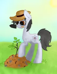 Size: 797x1034 | Tagged: safe, artist:leftover4444, derpibooru import, oc, oc:silver bristle, unofficial characters only, earth pony, pony, cutie mark, day, digital art, glasses, grass, ground, heat, male, mouth hold, planting, solo, stallion, sun, tree