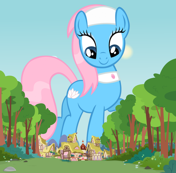 Size: 1280x1262 | Tagged: safe, derpibooru import, lotus blossom, earth pony, pony, female, giant lotus blossom, giant pony, giant/macro earth pony, giantess, highrise ponies, houses, macro, mare, mega giant, mega lotus blossom, ponyville, spa pony, tree