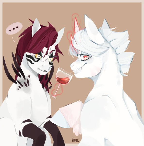 Size: 1080x1091 | Tagged: ..., artist:sugarr.hound, bicorn, derpibooru import, duo, fangs, glass, glowing horn, horn, leonine tail, magic, multiple horns, oc, safe, smiling, telekinesis, unofficial characters only, vampire, vampony, wine glass