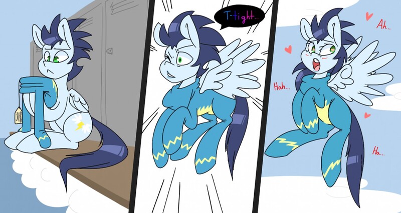 Size: 1280x681 | Tagged: suggestive, artist:koportable, derpibooru import, soarin', pegasus, pony, bench, blushing, clothes, clothing theft, cloud, comic strip, crossdressing, female, floating heart, flying, glide, heart, heart eyes, holding, implied spitfire, lipstick, locker, male, male to female, mare, moaning, name tag, one eye closed, open mouth, rule 63, sequence, sitting, solo, solo female, solo male, speech bubble, spread wings, stallion, tight clothing, transformation, transgender, transgender transformation, uniform, wingding eyes, wings, wonderbolts uniform, wrong cutie mark