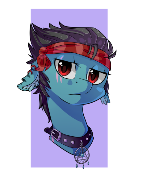 Size: 1801x2347 | Tagged: safe, artist:tomat-in-cup, derpibooru import, oc, unofficial characters only, earth pony, pony, bandana, bust, collar, ear piercing, earring, earth pony oc, eye scar, floppy ears, jewelry, piercing, scar, simple background, solo, spiked collar, transparent background