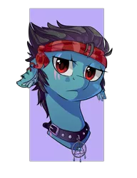 Size: 1801x2347 | Tagged: safe, artist:tomat-in-cup, derpibooru import, oc, unofficial characters only, earth pony, pony, bandana, bust, collar, ear piercing, earring, earth pony oc, eye scar, floppy ears, jewelry, piercing, scar, simple background, solo, spiked collar, transparent background