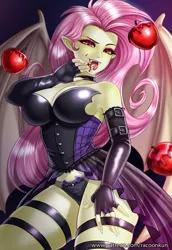 Size: 824x1200 | Tagged: suggestive, artist:racoonsan, color edit, derpibooru import, edit, editor:drakeyc, fluttershy, bat pony, human, vampire, adoracreepy, adorasexy, apple, bat ponified, big breasts, black underwear, blood, breasts, busty fluttershy, clothes, colored, corset, creepy, cute, equestria girls edit, female, fingerless gloves, flutterbat, food, fruit, gloves, halloween, holiday, humanized, latex, leather, lingerie, open mouth, pale skin, panties, pony coloring, race swap, ribbon, sexy, skin color edit, solo, solo female, underwear, winged humanization, wings