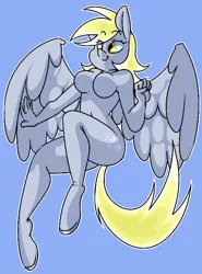 Size: 556x750 | Tagged: anthro, artist:koportable, blue background, blushing, breasts, busty derpy hooves, derpibooru import, derpy hooves, featureless breasts, female, flying, nudity, pegasus, simple background, smiling, solo, solo female, spread wings, suggestive, unguligrade anthro, wings