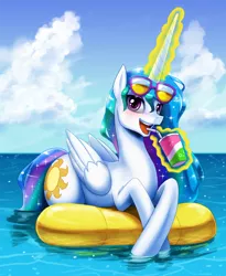 Size: 1200x1460 | Tagged: safe, artist:johnjoseco, derpibooru import, princess celestia, alicorn, pony, ask gaming princess luna, blushing, cloud, cute, cutelestia, drink, drinking, female, floaty, glowing horn, happy, hooves in the water, horn, inflatable, looking at you, magic, mare, open mouth, pool toy, solo, summer, sunglasses, telekinesis, tube, water, wet, wet mane