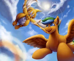 Size: 1000x826 | Tagged: safe, artist:vittorionobile, derpibooru import, oc, dragon, pegasus, pony, flying, skies