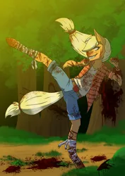 Size: 2480x3508 | Tagged: semi-grimdark, alternate version, artist:0pika-chan0, derpibooru import, applejack, anthro, earth pony, unguligrade anthro, bandage, blood, clothes, colored, fanfic art, female, forest, insanity, kicking, kneeling, outdoors, shorts, solo, speedpaint available