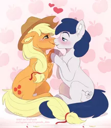 Size: 1944x2244 | Tagged: safe, artist:stepandy, derpibooru import, applejack, oc, oc:constance everheart, earth pony, pony, blushing, canon x oc, everjack, female, hat, heart eyes, kissing, lidded eyes, looking at each other, male, mare, shipping, stallion, straight, wingding eyes