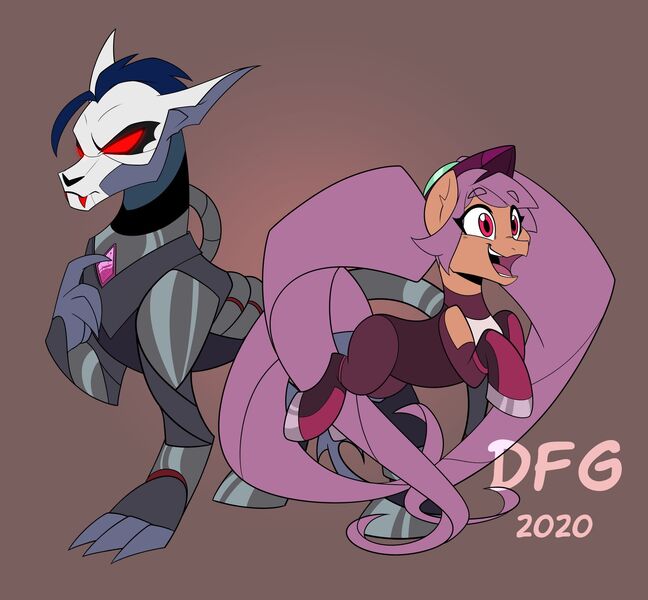 Size: 1920x1778 | Tagged: safe, artist:dragonfoxgirl, derpibooru import, ponified, earth pony, hybrid, pony, brown background, duo, entrapta, female, hordak, male, mare, she-ra and the princesses of power, simple background, stallion