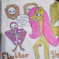 Size: 1080x1080 | Tagged: semi-grimdark, artist:starly_but, derpibooru import, fluttershy, pegasus, pony, .mov, shed.mov, corpse, dead, female, fluttershed, insanity, mare, mounted head, raised hoof, skull, smiling, solo, talking, traditional art, trophy