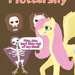 Size: 768x768 | Tagged: semi-grimdark, alternate version, artist:starly_but, derpibooru import, fluttershy, pegasus, pony, .mov, shed.mov, brown background, corpse, dead, female, fluttershed, insanity, mare, mounted head, raised hoof, simple background, skull, smiling, solo, talking, trophy