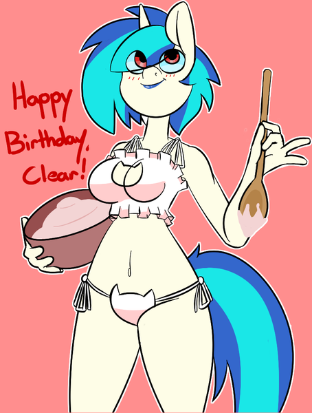 Size: 757x1000 | Tagged: suggestive, artist:koportable, derpibooru import, vinyl scratch, anthro, unicorn, baking cake, batter, belly button, blushing, boob window, bowl, bra, breasts, busty vinyl scratch, cake batter, cat keyhole bra set, cat lingerie, clothes, eye clipping through hair, female, food, gift art, happy birthday, lingerie, lipstick, looking up, mixing bowl, panties, pink background, simple background, smiling, solo, solo female, spoon, thong, underwear